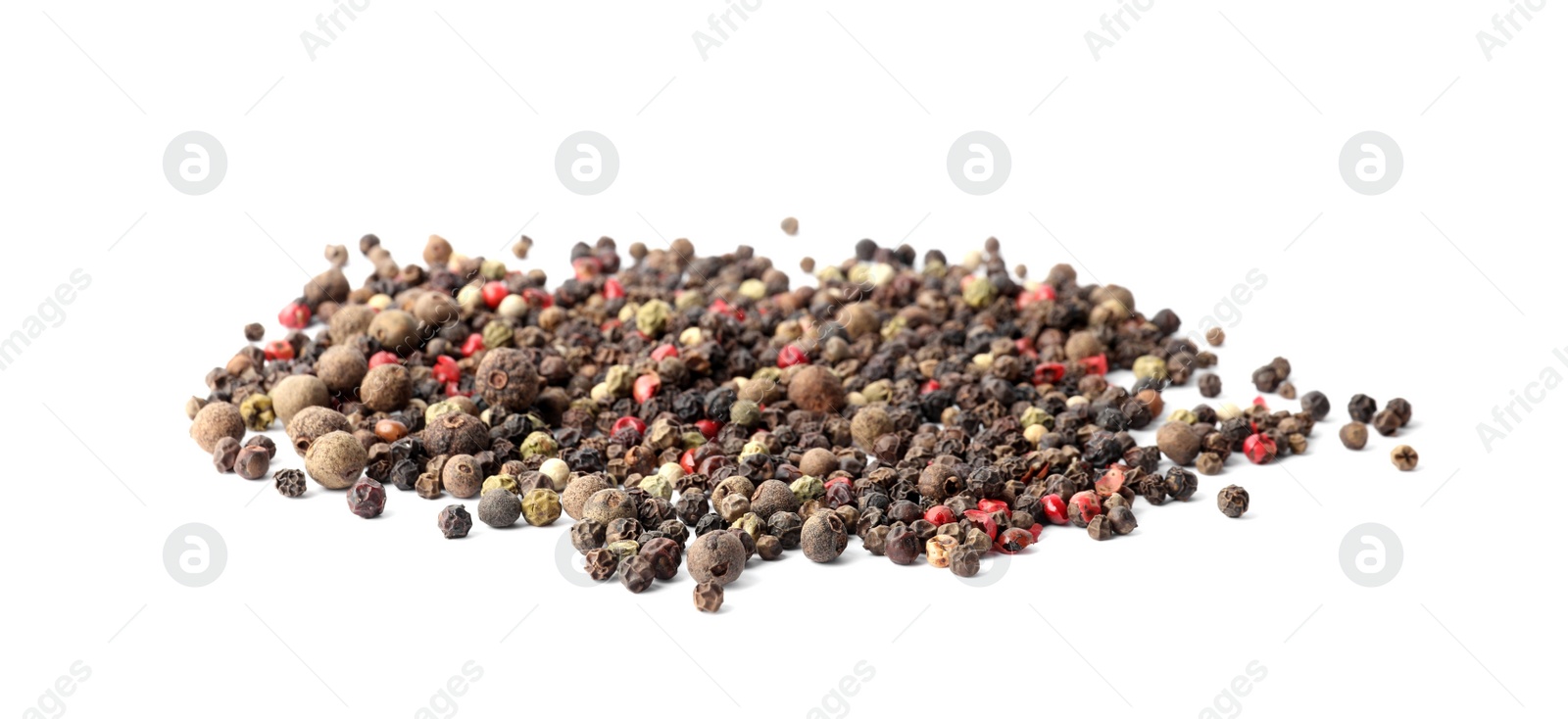 Photo of Mix of different pepper grains isolated on white