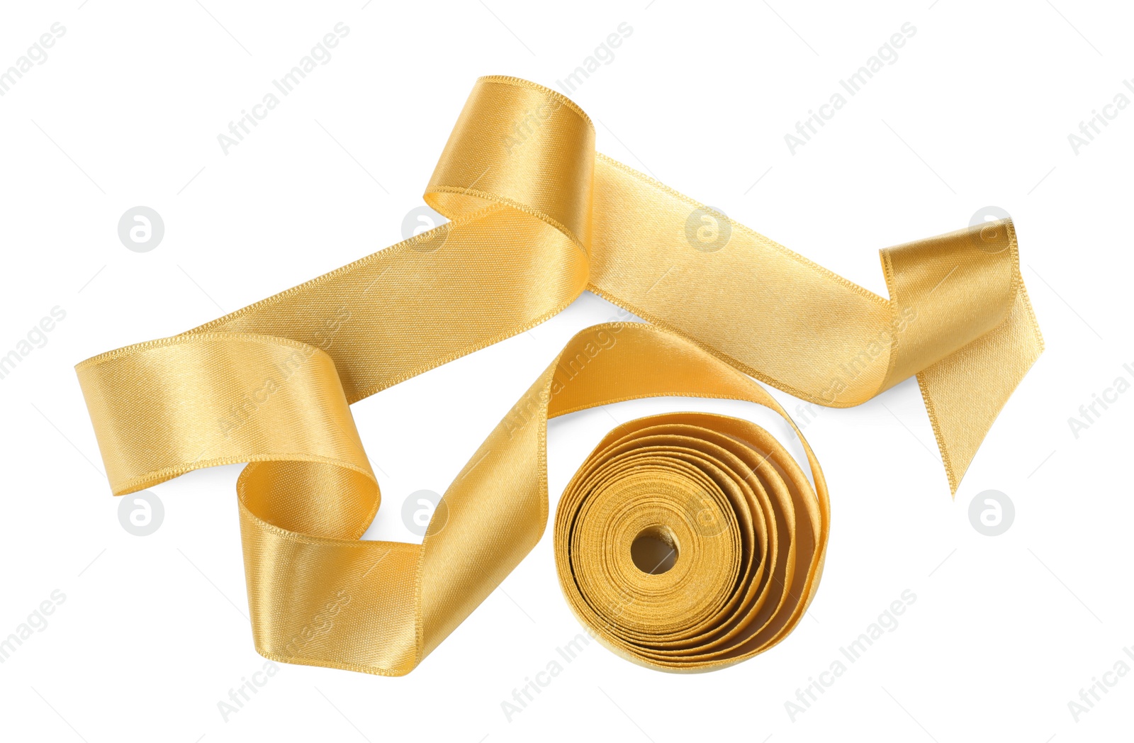 Photo of Beautiful golden ribbon isolated on white, top view