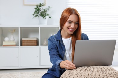 Photo of Woman having video chat via laptop at home, space for text