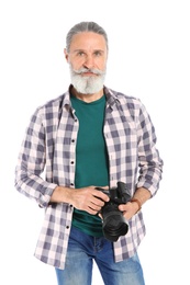 Male photographer with professional camera on white background