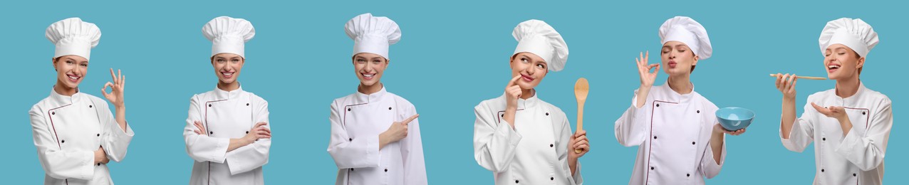Image of Collage with photos of professional chef on light blue background