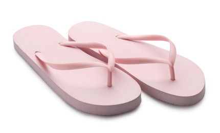 Photo of Stylish pink flip flops on white background. Beach object