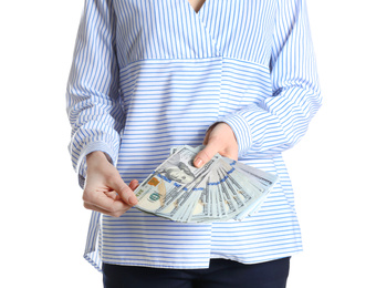 Woman with bribe money on white background, closeup