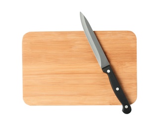 Photo of Sharp utility knife with wooden board isolated on white, top view