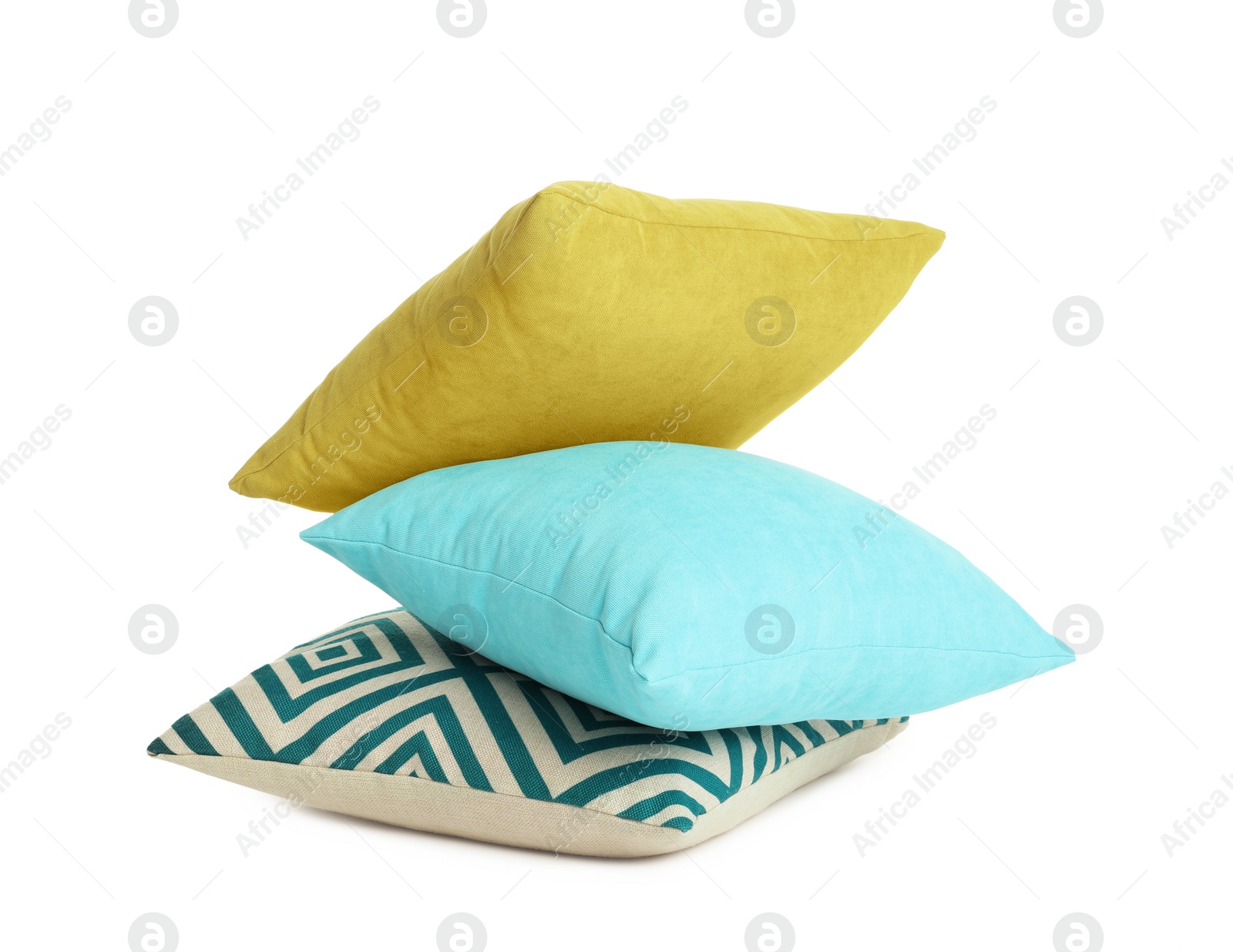 Photo of Different colorful decorative pillows on white background