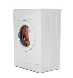 Photo of Modern washing machine with laundry isolated on white