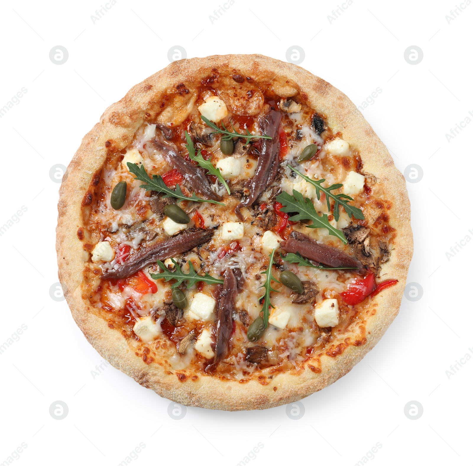 Photo of Tasty pizza with anchovies, arugula and olives isolated on white, top view