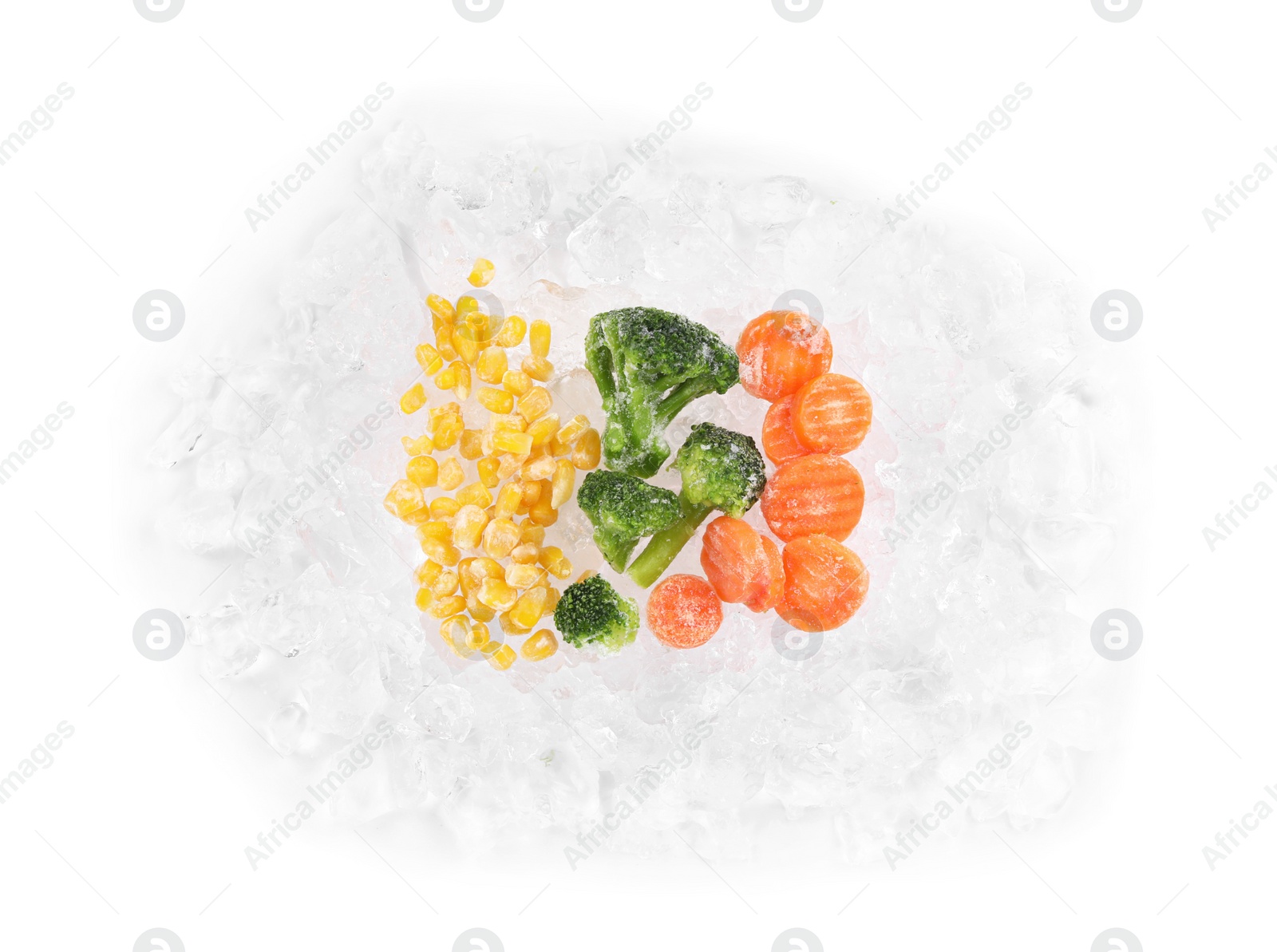 Photo of Mix of different frozen vegetables and ice isolated on white, top view