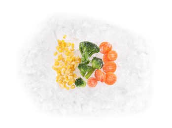 Mix of different frozen vegetables and ice isolated on white, top view