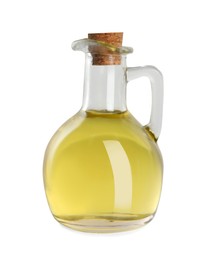 Photo of Glass jug of cooking oil isolated on white