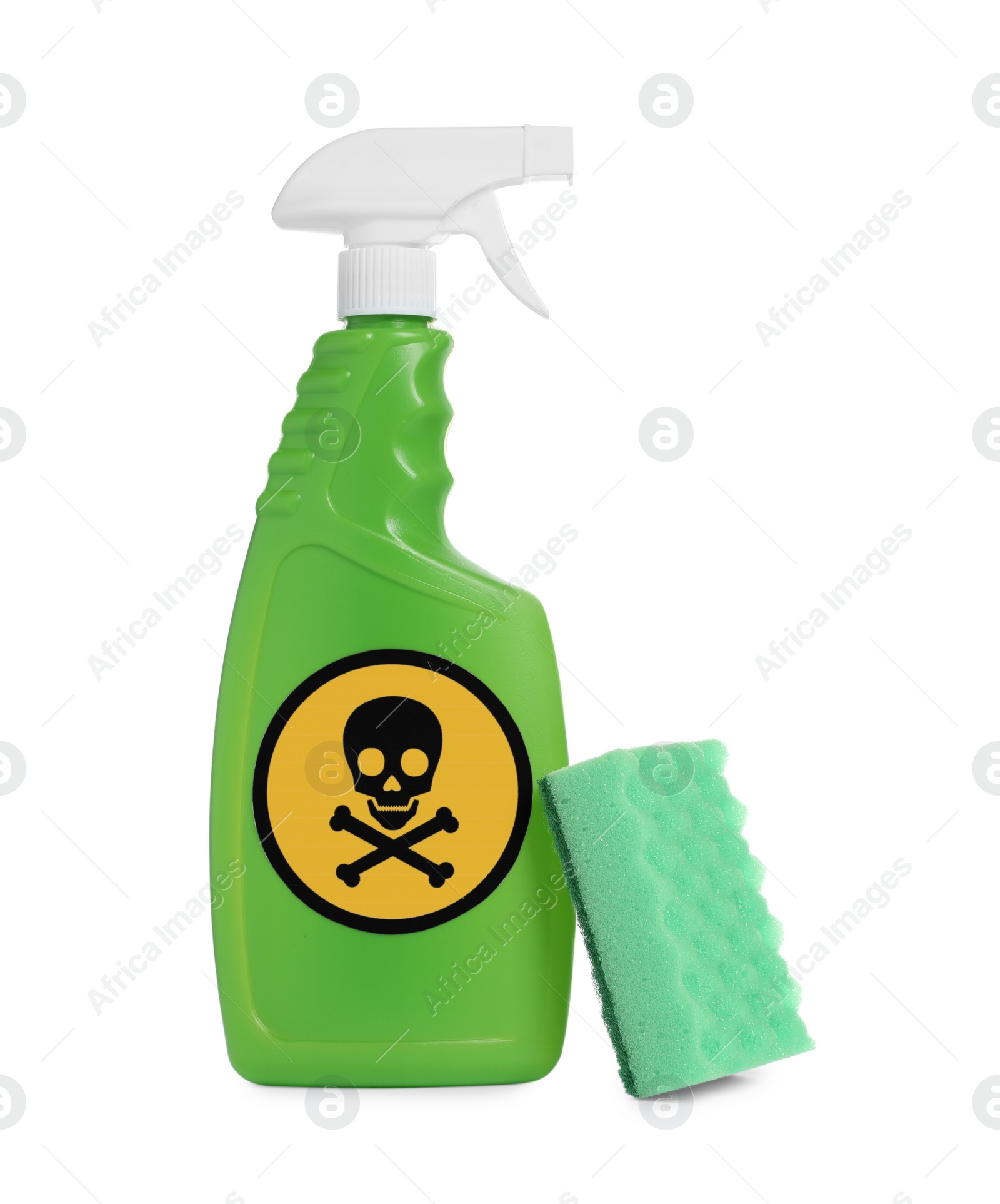 Photo of Bottle of toxic household chemical with warning sign and scouring sponge on white background