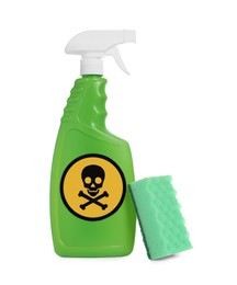 Bottle of toxic household chemical with warning sign and scouring sponge on white background