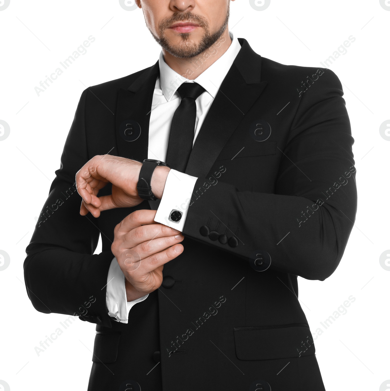 Photo of Man wearing stylish suit and cufflinks on white background, closeup