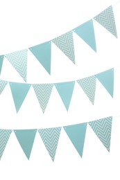 Photo of Rows of triangular bunting flags on white background. Festive decor