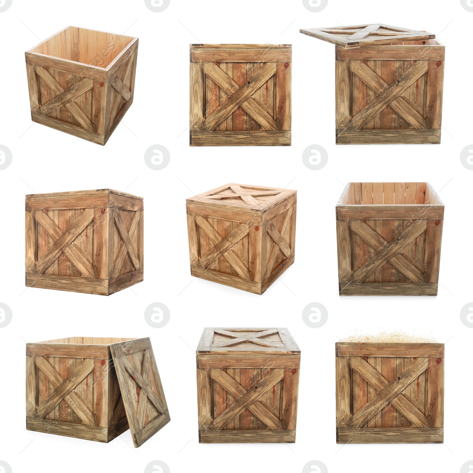 Image of Set of old wooden crates on white background