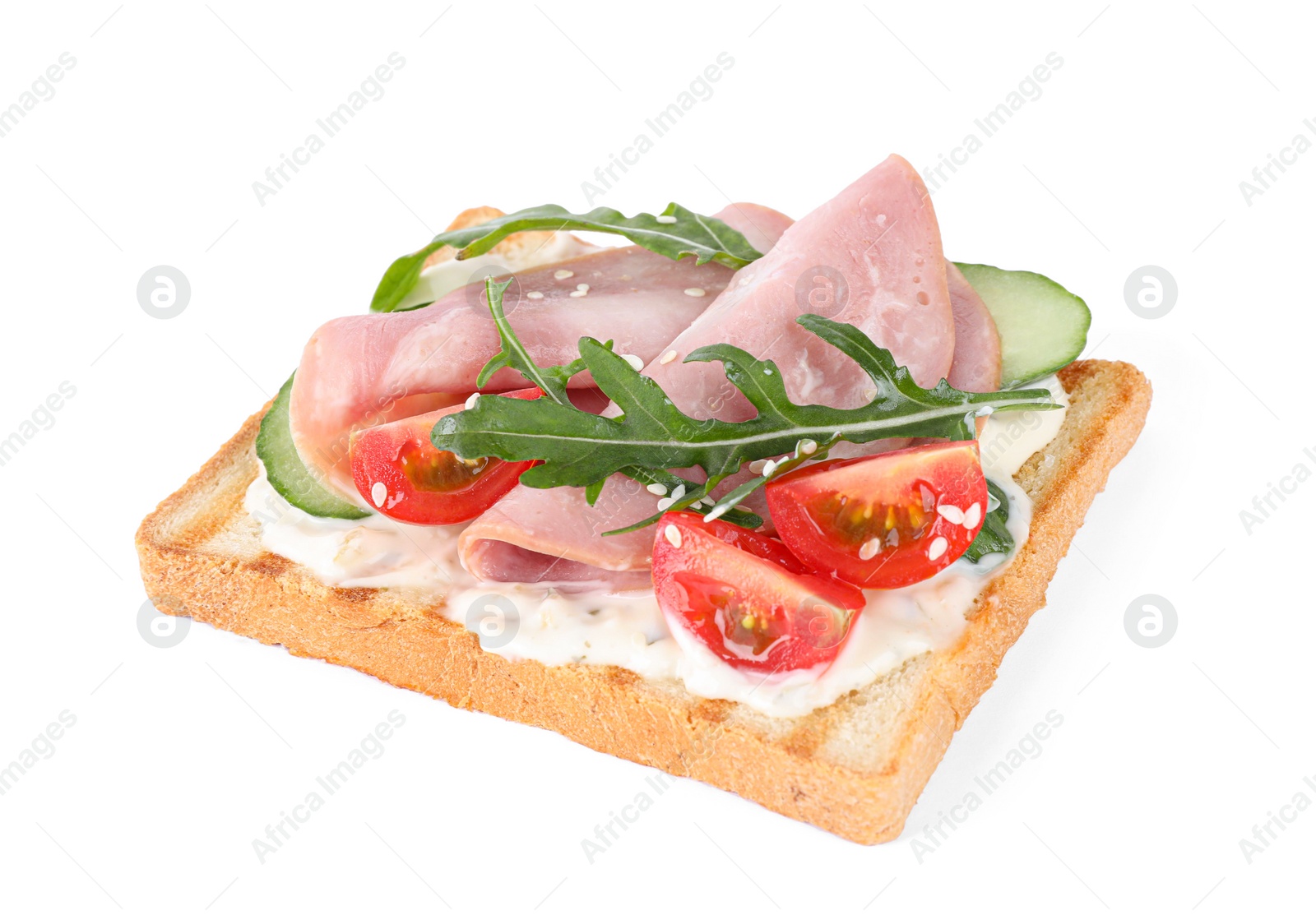 Photo of Tasty sandwich with ham isolated on white