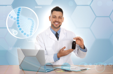 Image of Professional pharmacist with syrup at wooden table