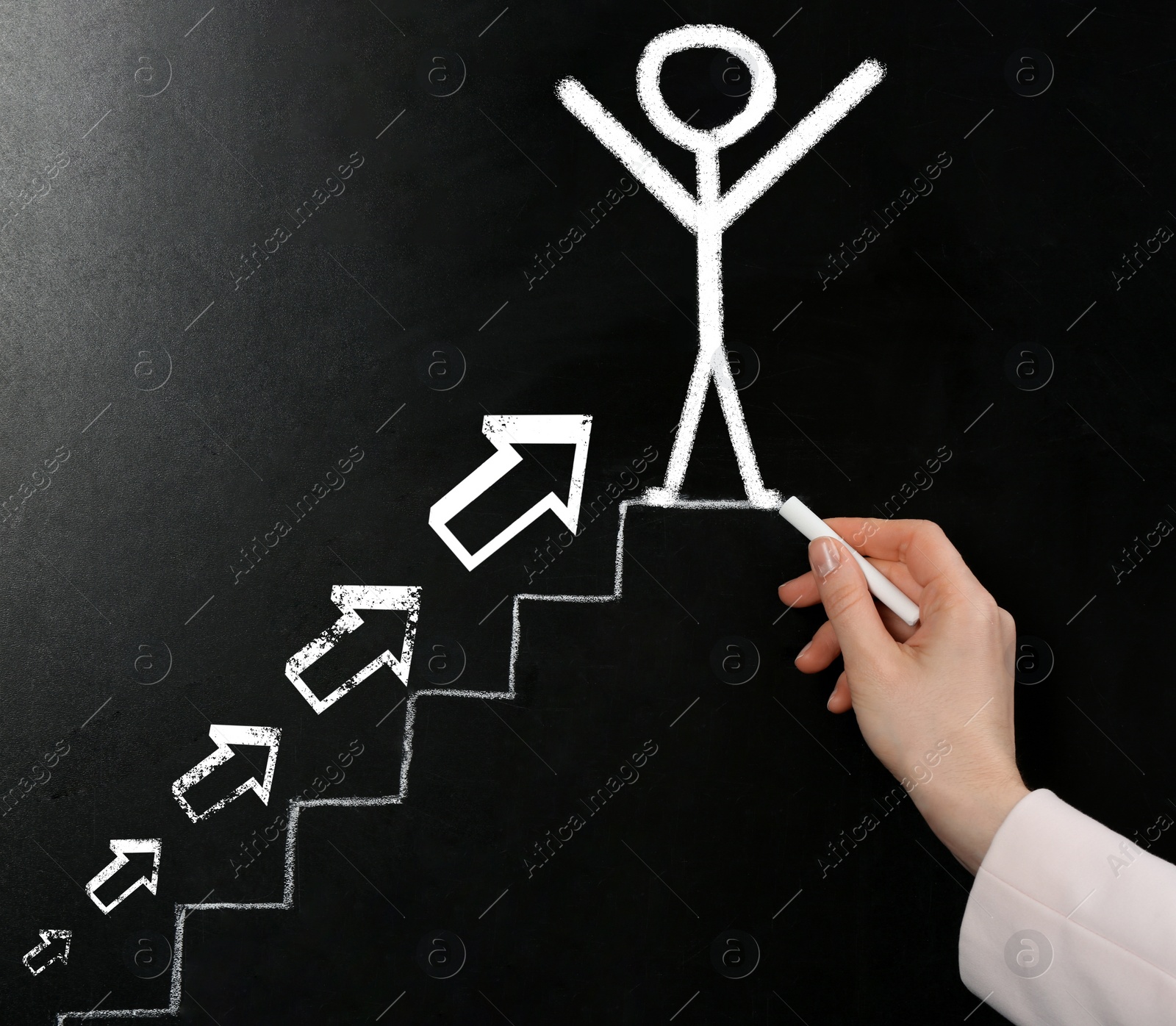 Image of Way to success. Woman drawing human on top of stairs with chalk, closeup