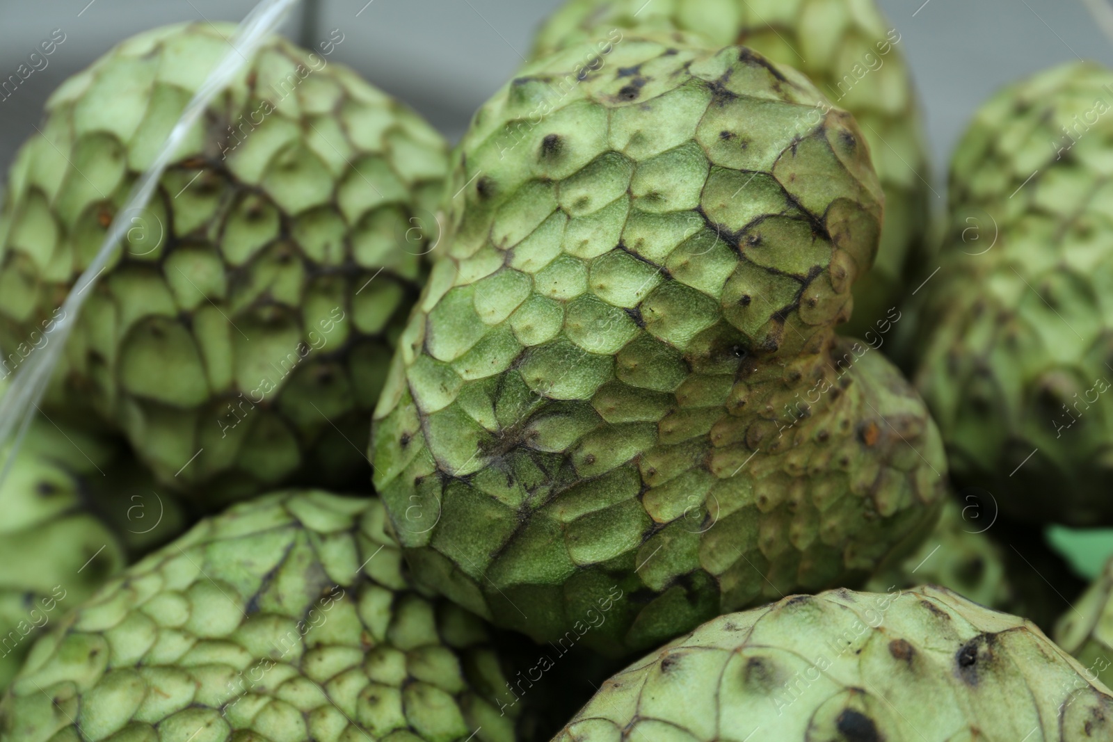 Photo of Delicious green cherimoya fruits on market stall, closeup