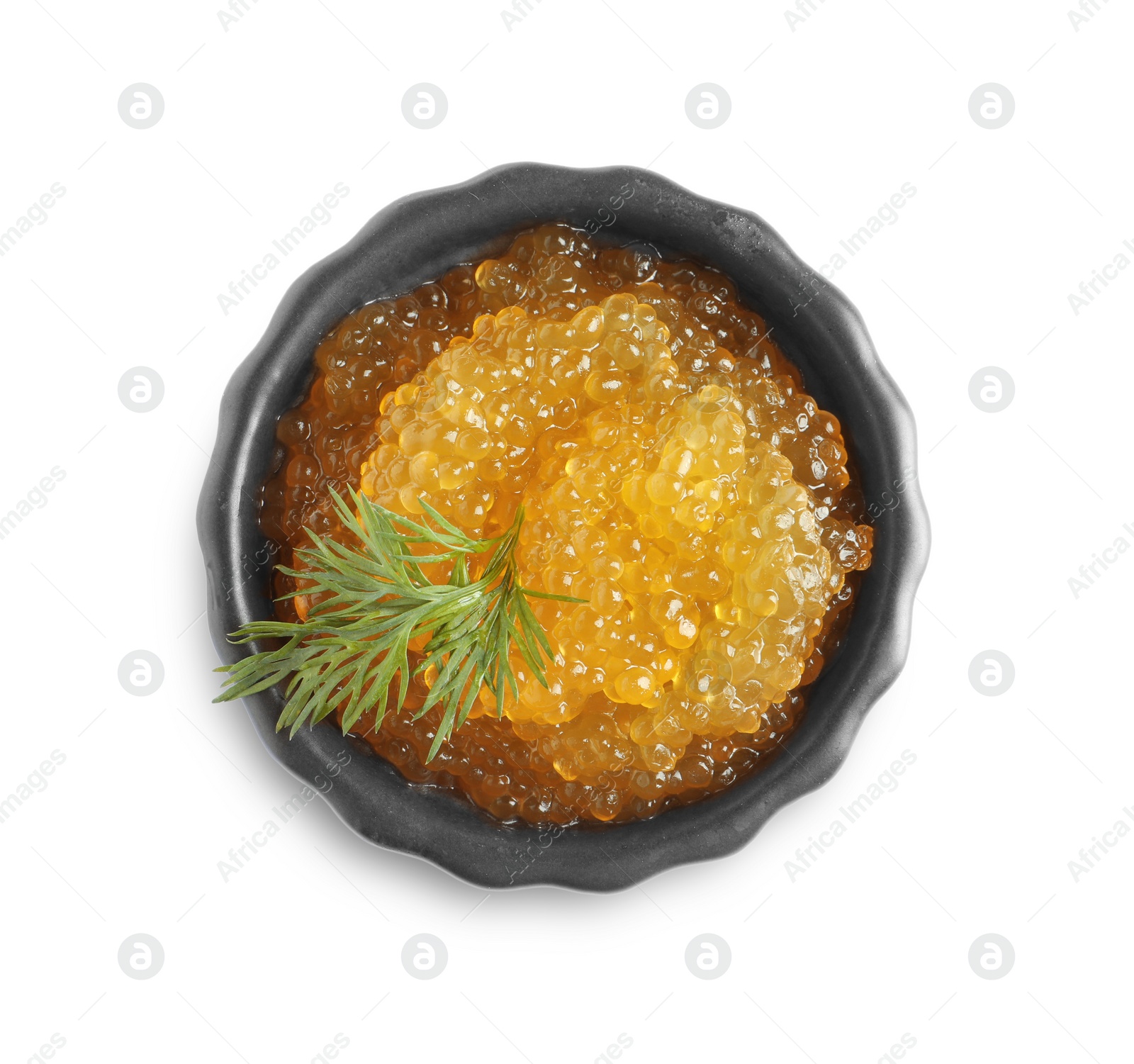 Photo of Fresh pike caviar in bowl isolated on white, top view