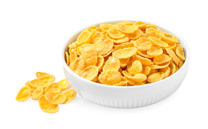 Bowl of tasty corn flakes on white background