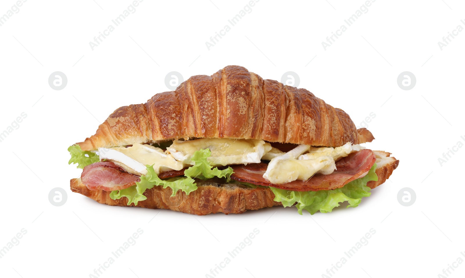 Photo of Tasty croissant with brie cheese and bacon isolated on white