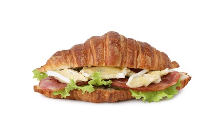 Photo of Tasty croissant with brie cheese and bacon isolated on white