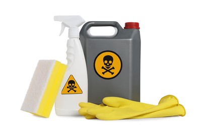 Photo of Bottles of toxic household chemicals with warning signs, rubber gloves and scouring sponge on white background