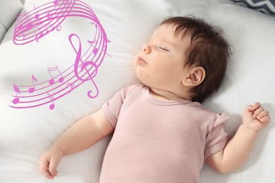 Image of Lullaby songs. Cute little baby sleeping on bed. Illustration of flying music notes near child