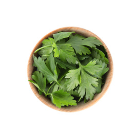 Fresh green parsley in bowl isolated on white, top view