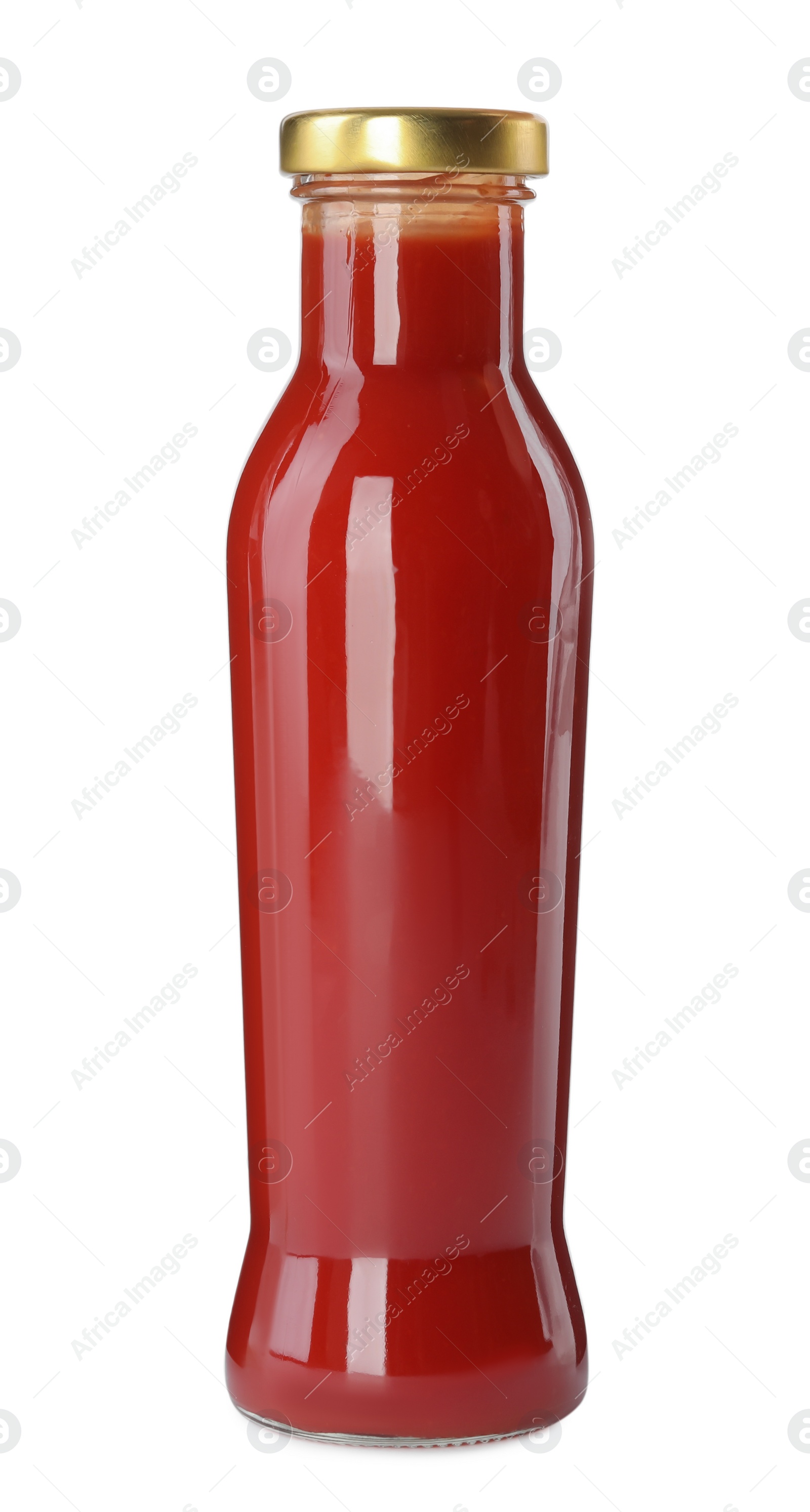 Photo of Glass bottle of ketchup isolated on white