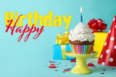 Happy Birthday! Delicious cupcake with burning candle on light blue background