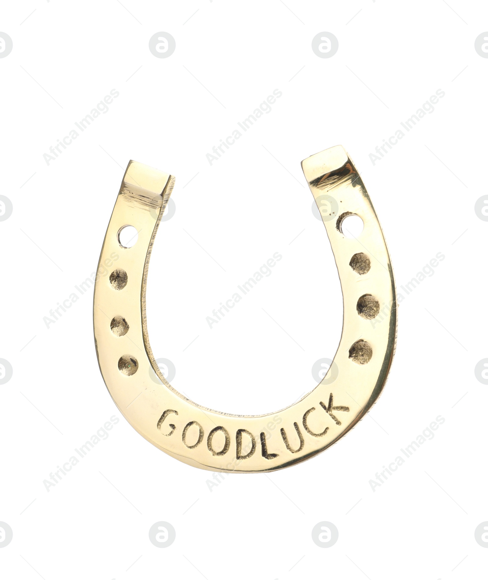 Photo of Golden horseshoe with phrase GOOD LUCK isolated on white. St. Patrick's Day celebration