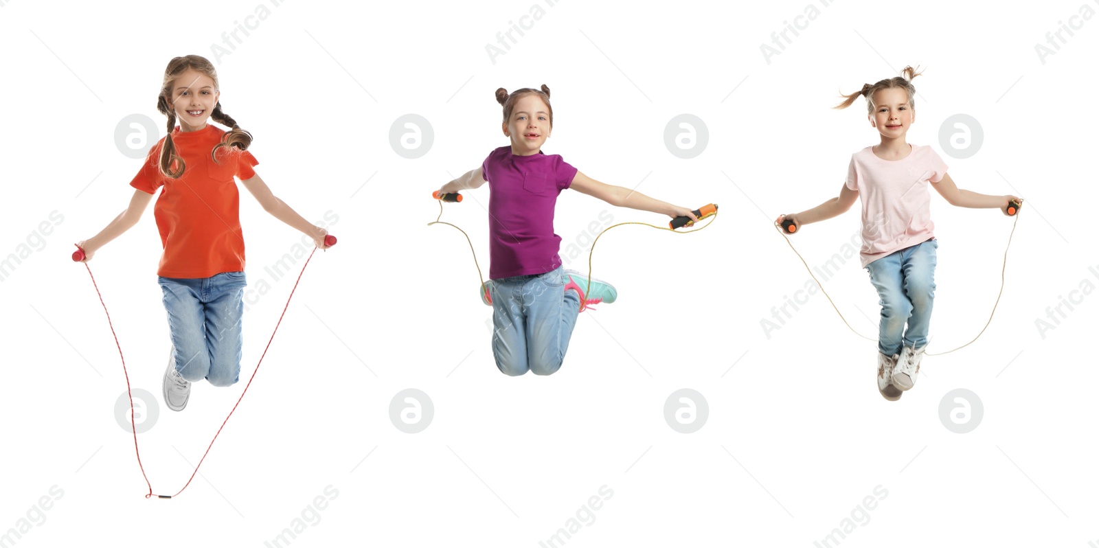 Image of Cute happy children with jumping ropes on white background, collage. Banner design