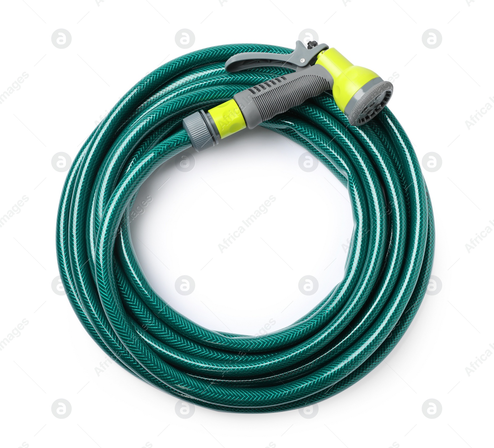 Photo of Green rubber watering hose with nozzle isolated on white, top view