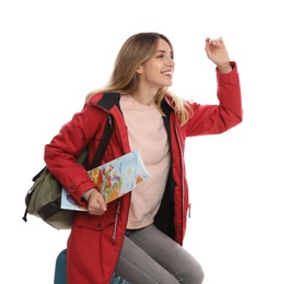 Woman with map and suitcase on white background. Winter travel