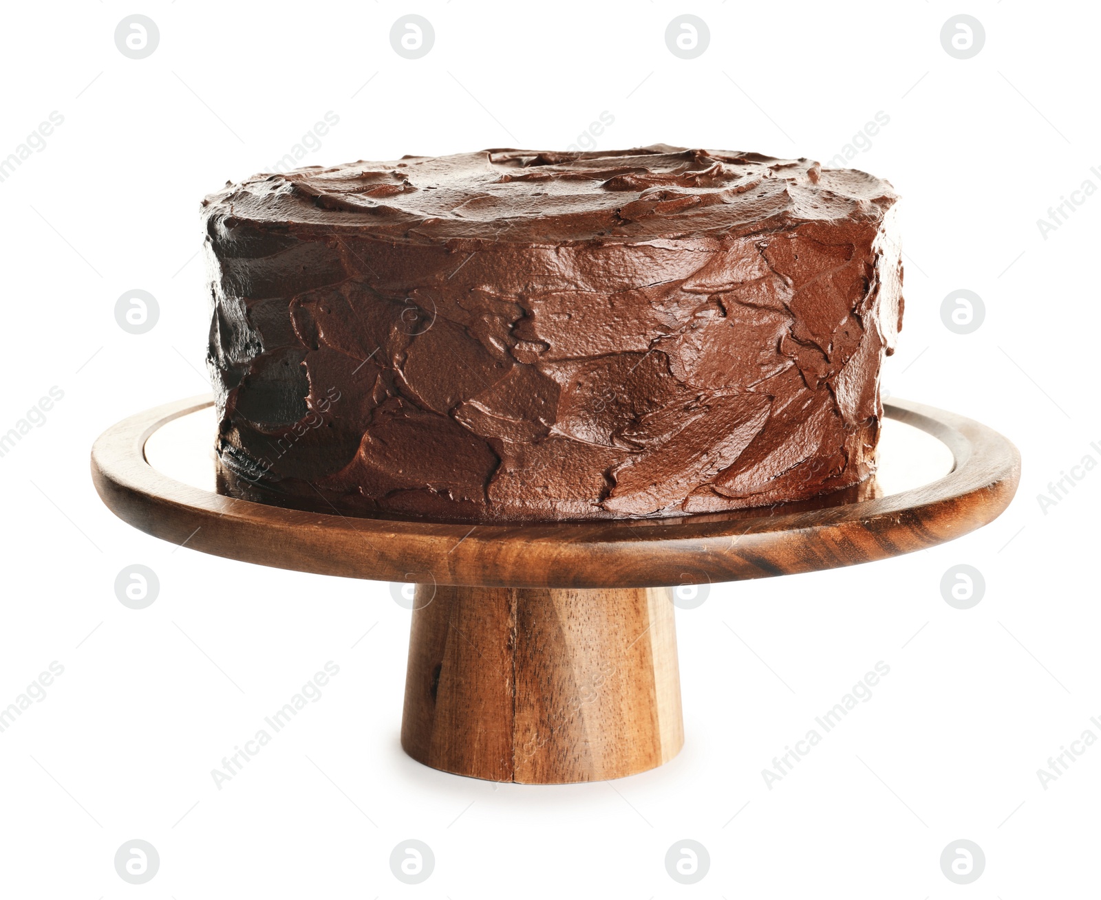 Photo of Stand with tasty homemade chocolate cake on white background