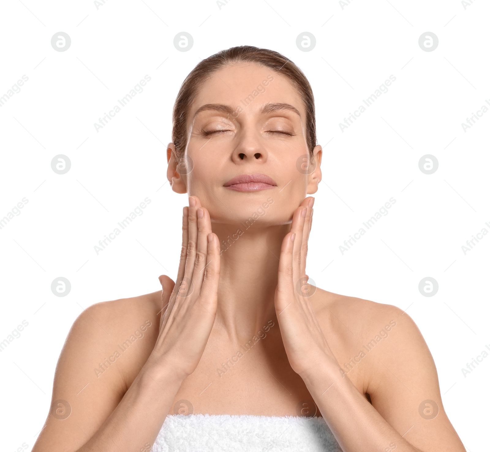 Photo of Woman massaging her face on white background