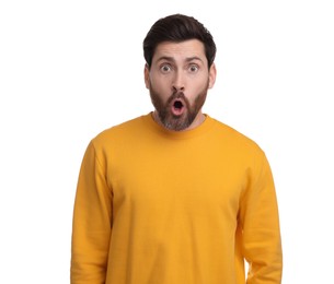 Photo of Portrait of surprised man isolated on white