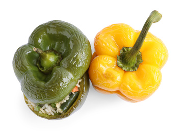 Photo of Tasty stuffed bell peppers isolated on white, top view