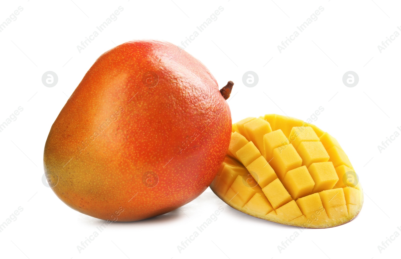 Photo of Delicious ripe mangoes on white background. Tropical fruit