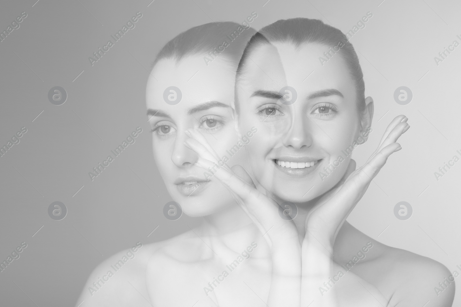 Image of Double exposure of beautiful young woman. Black and white effect