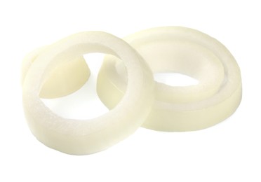 Photo of Many fresh onion rings on white background