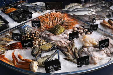 Different types of fresh seafood on ice in supermarket