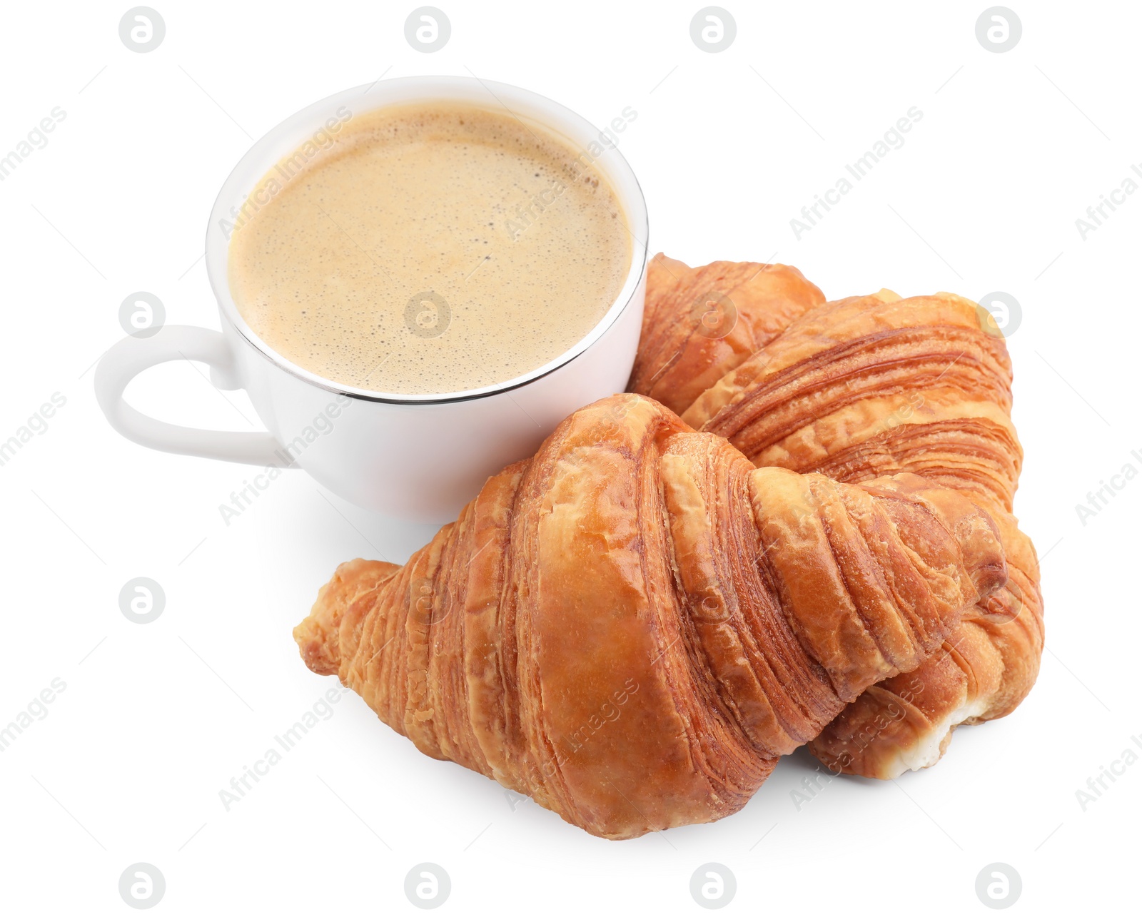 Photo of Fresh croissants and coffee isolated on white. Tasty breakfast