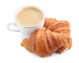 Fresh croissants and coffee isolated on white. Tasty breakfast