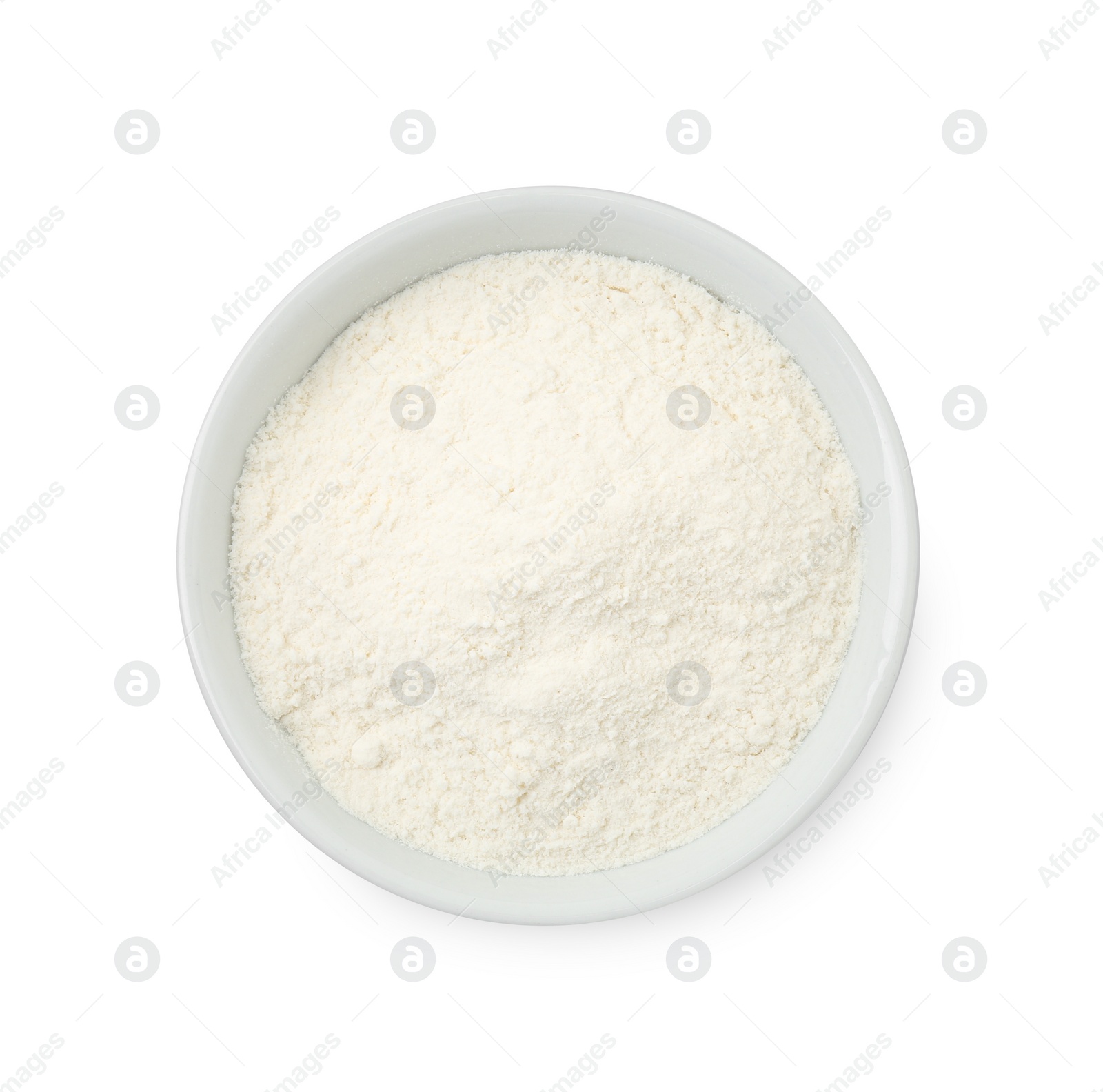 Photo of Baking powder in bowl isolated on white, top view