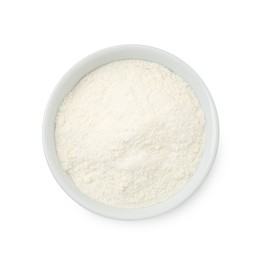 Photo of Baking powder in bowl isolated on white, top view