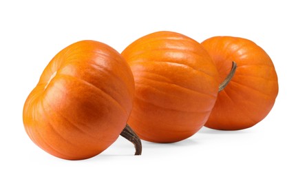 Photo of Many fresh orange pumpkins isolated on white