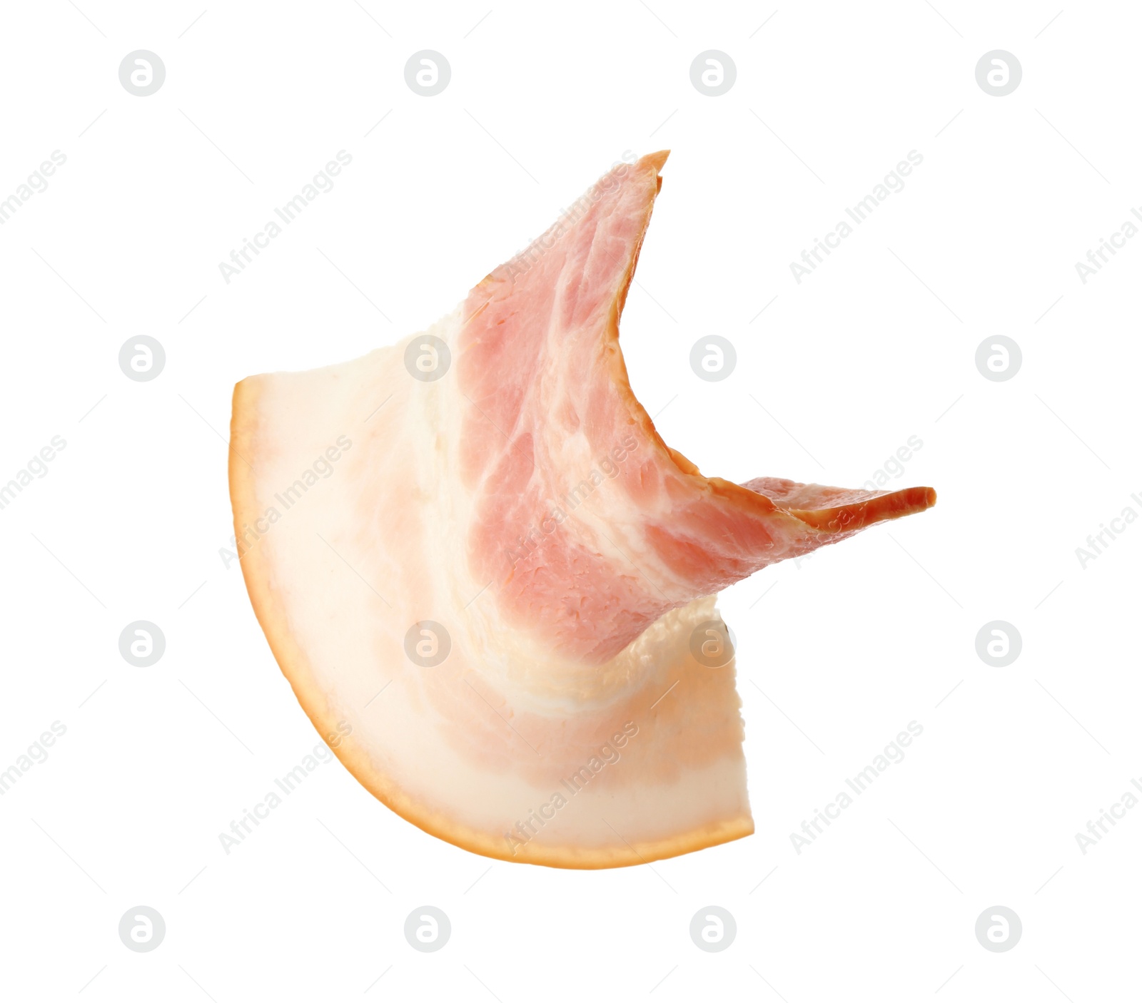 Photo of Slice of raw bacon on white background